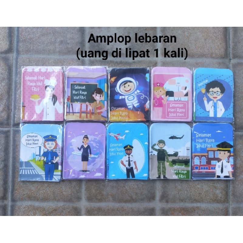 

Amplop lebaran uang di lipat 1 kali, 10 pak Rp 18000, 1 pak isi 10 amplop, tidak pilih motif (motif propesi)