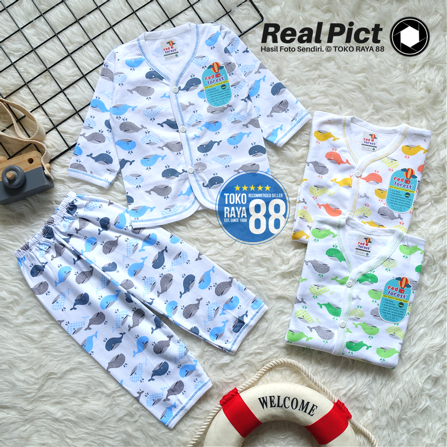 TOKO RAYA 88, Setelan Baju Bayi 0-3 Bulan, RED FOREST Paus Piyama Kancing Newborn Panjang, SPY-RF154