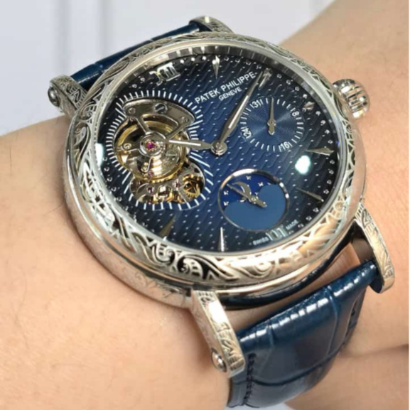 Jam Tangan Pria Patek Philippe Tatto Moonphase Automatic Movement Blue Dial