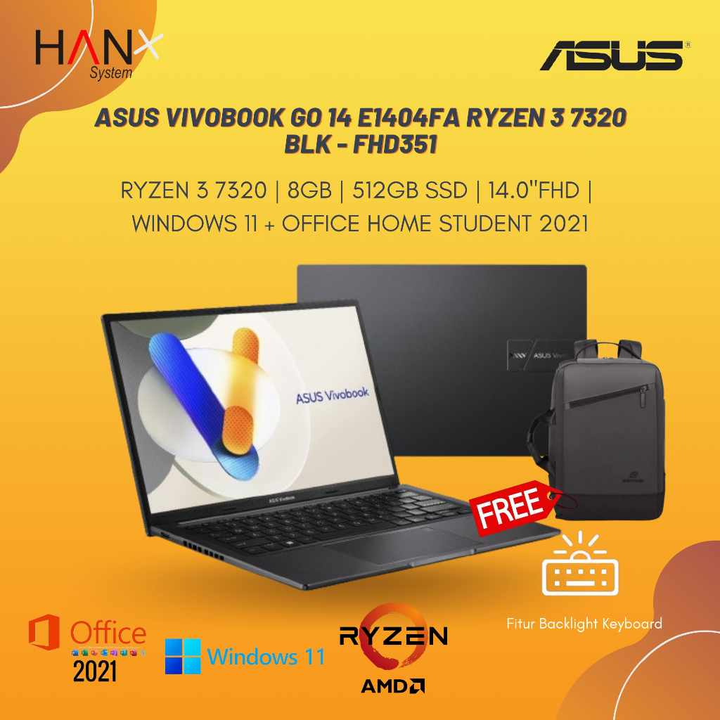 ASUS VIVOBOOK GO 14 E1404FA RYZEN 3 7320 8GB 512GB W11+OHS 14.0FHD BLK -FHD351