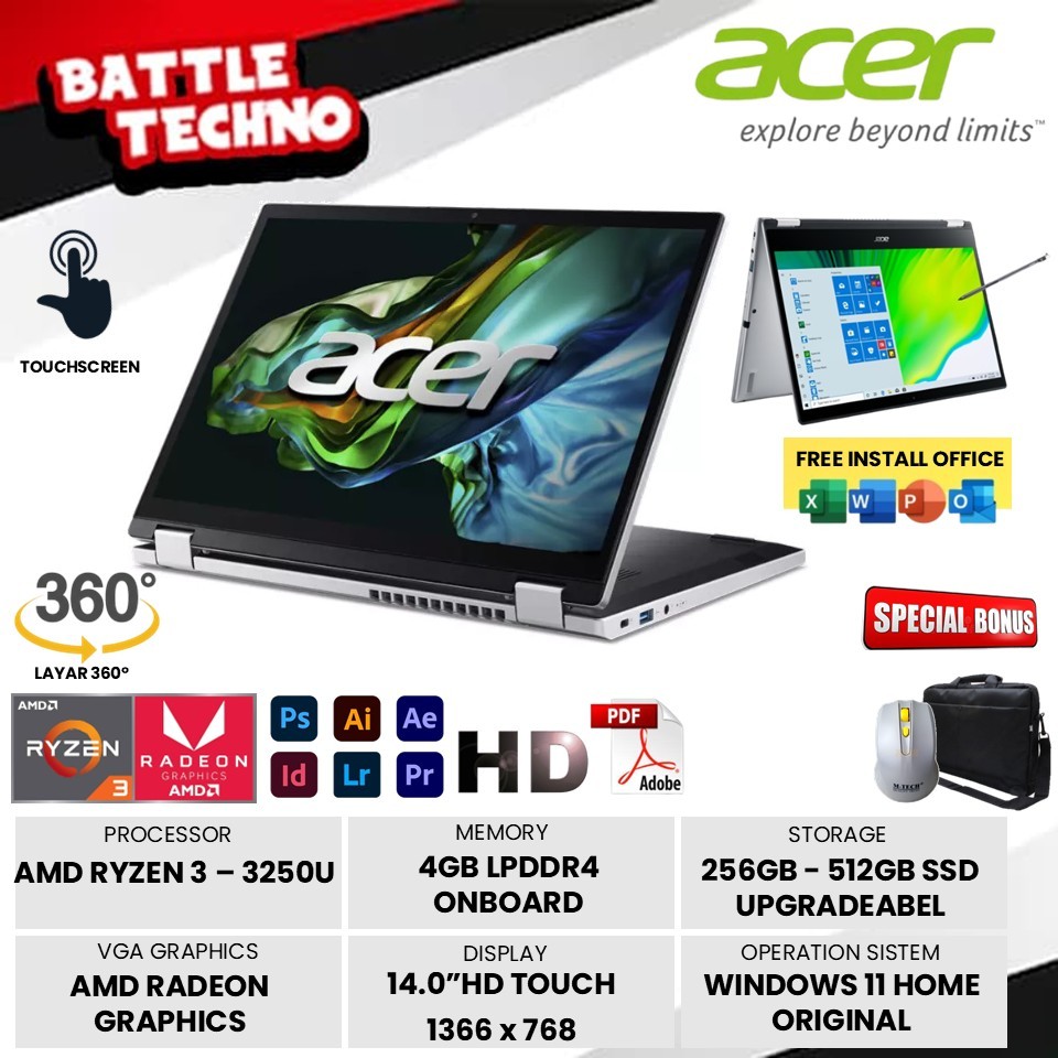 Laptop Acer Aspire Spin 3 SP314 Amd Ryzen 3 3250U Ram 8GB SSD 1TB 14.0 Touchscreen Win11home