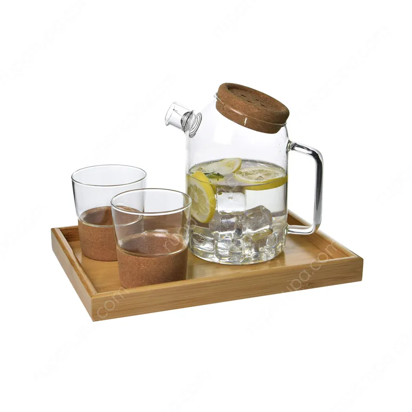 Appetite Set 4 Pcs Teko Dan Gelas Kaca Nampan Kayu Pitcher Kaca Gelas Kaca Teko Kaca