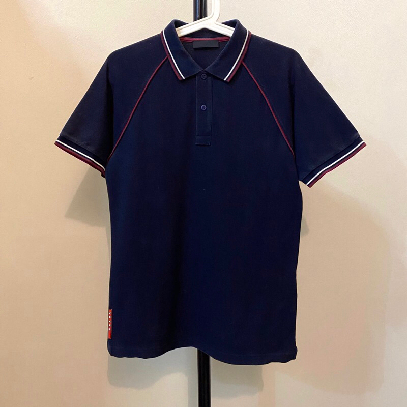 PRADA RED OUTLINE SIDE LOGO POLO SHIRT NAVY