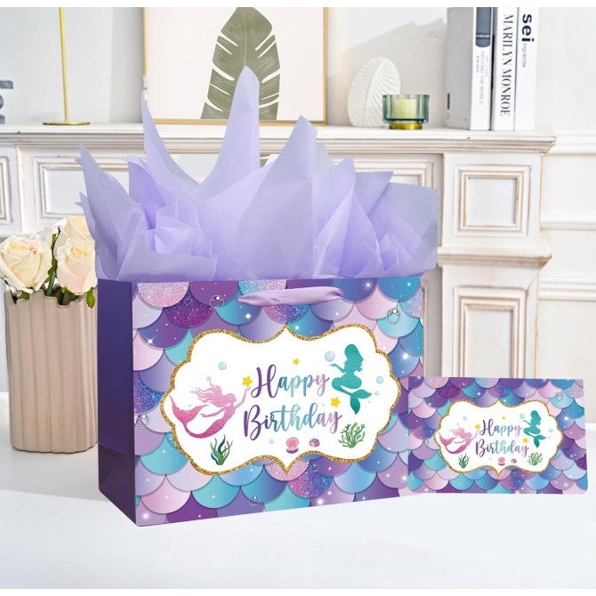 

PAPER BAG ULANG TAHUN MOTIF PUTRI DUYUNG JUMBO BESAR TEBAL Tas Hadiah Ulang Tahun UNGU dengan Tisu dan Kartu Ucapan SET Kertas Kado Souvenir Packaging Kraft TAS JINJING HANDLE