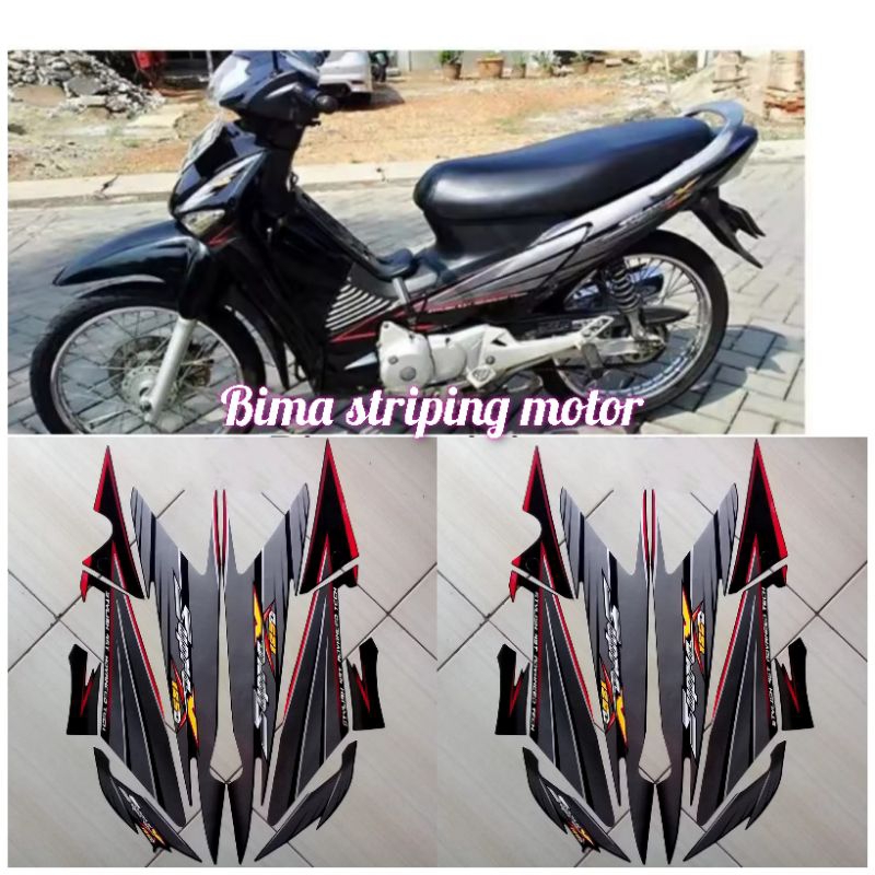 STIKER STRIPING LES LIS POLET BODY MOTOR FULL SET HONDA SUPRA X 125 D 2005 FULL HITAM STANDAR