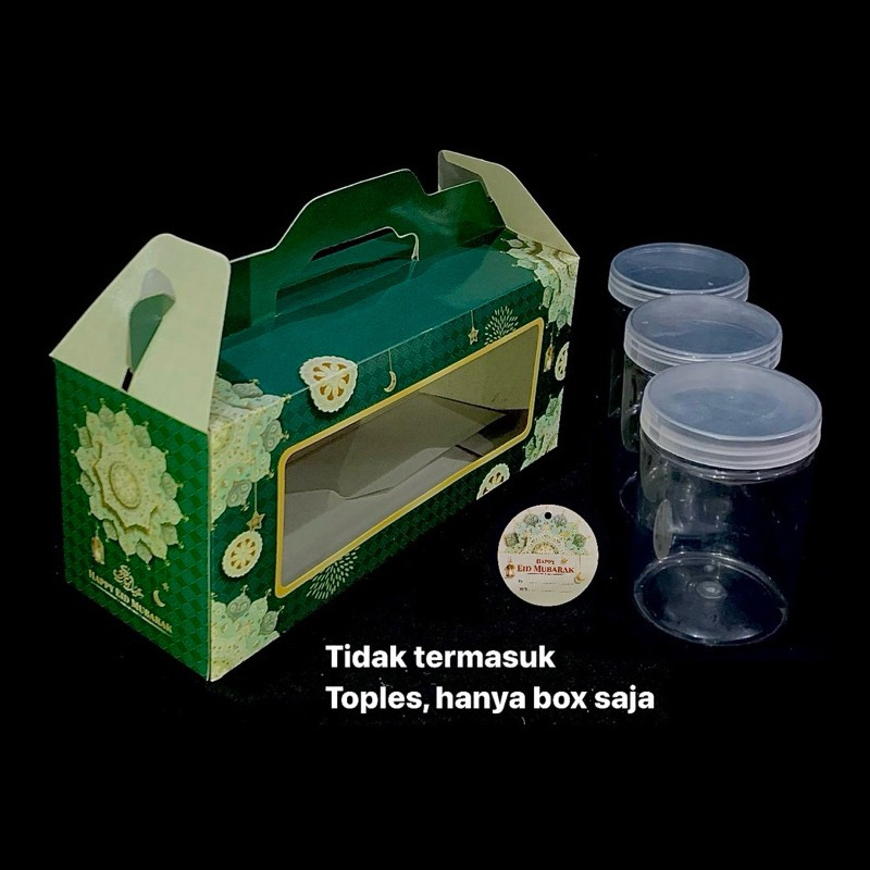 

5 Pcs Box Idul Fitri Hijau Tua Muat 3 Toples Jar 600ml Packaging Hampers Lebaran 10x28x12 cm