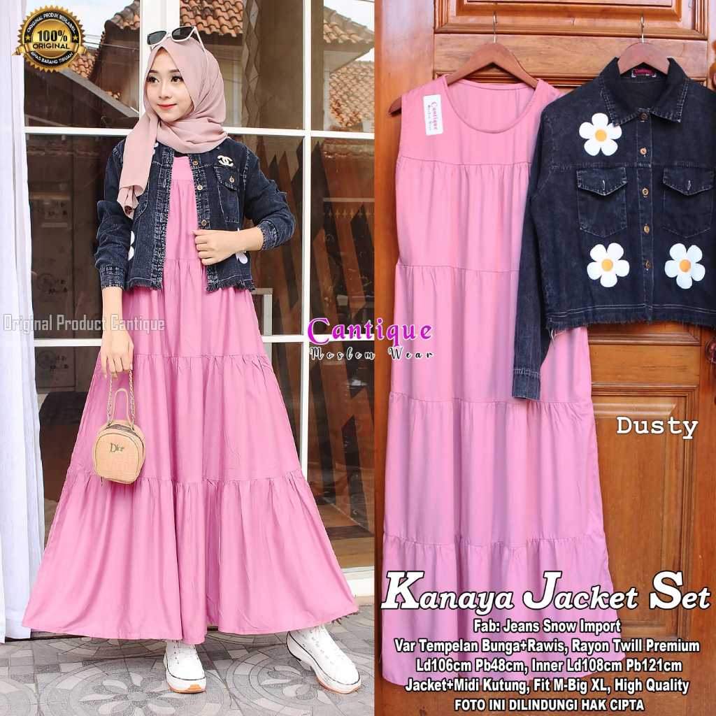 Kanaya Gamis Jacket Set 2 in 1Inner Susun Rayon Outer Jeansterbaru Dress Lengan Kutung Polos Midi