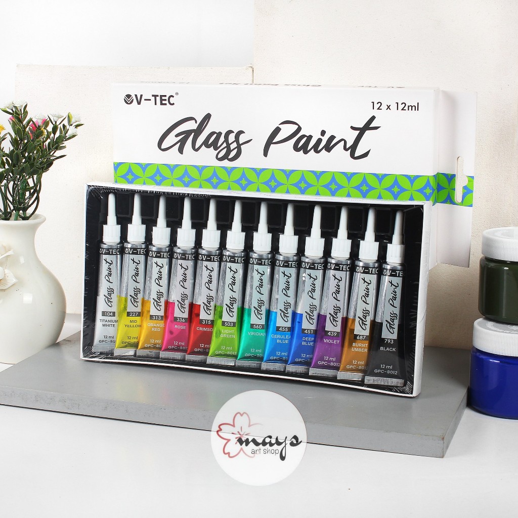 

V-TEC Glass Paint Set 12 Colors - Cat Lukis Kaca Set 12 ml x 12 Warna