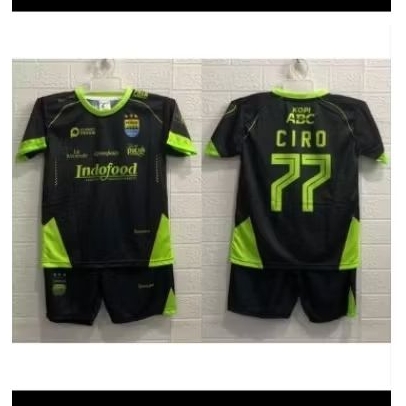setelan baju jersey anak club bola warna hitam krah hijau stabilo printing terbaru