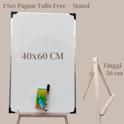 

Whiteboard 40x60 cm + Standing Kayu Kecil 50 cm - Penyangga Papan Tulis Gratis Spidol dan Penghapus