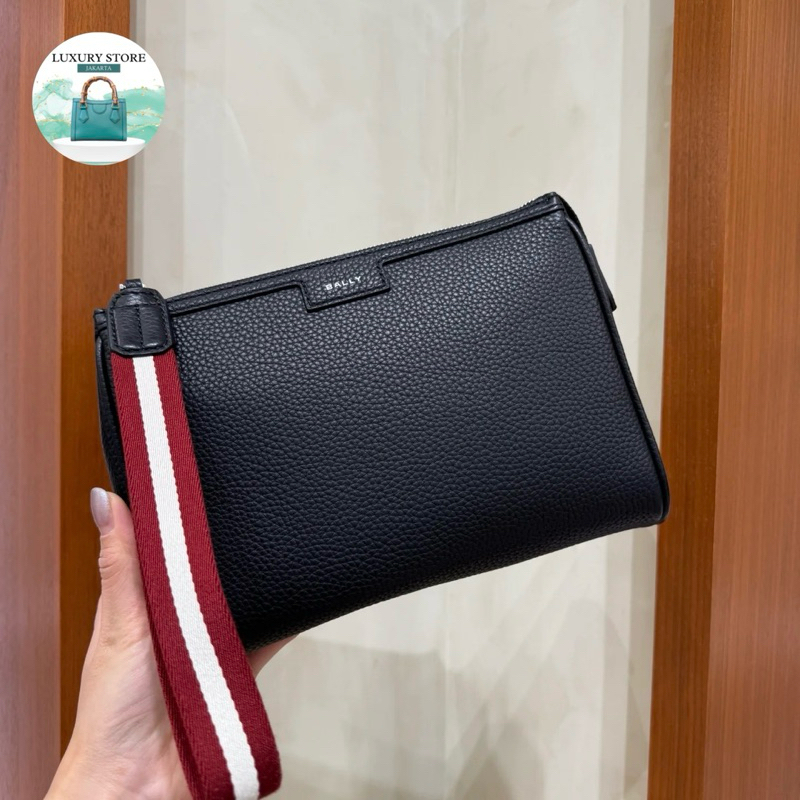 LUXURY Bally Code Clutch Leather Black Original