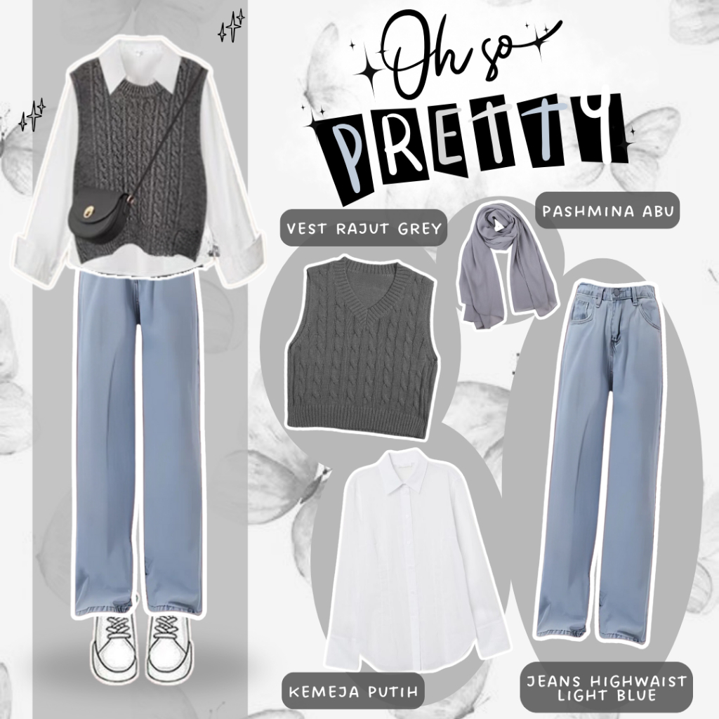 OOTD Oneset Korean ( Kemeja vest Rajut Cable Jeans Highwaist Loose Pants ) Setelan Hijab - ES64