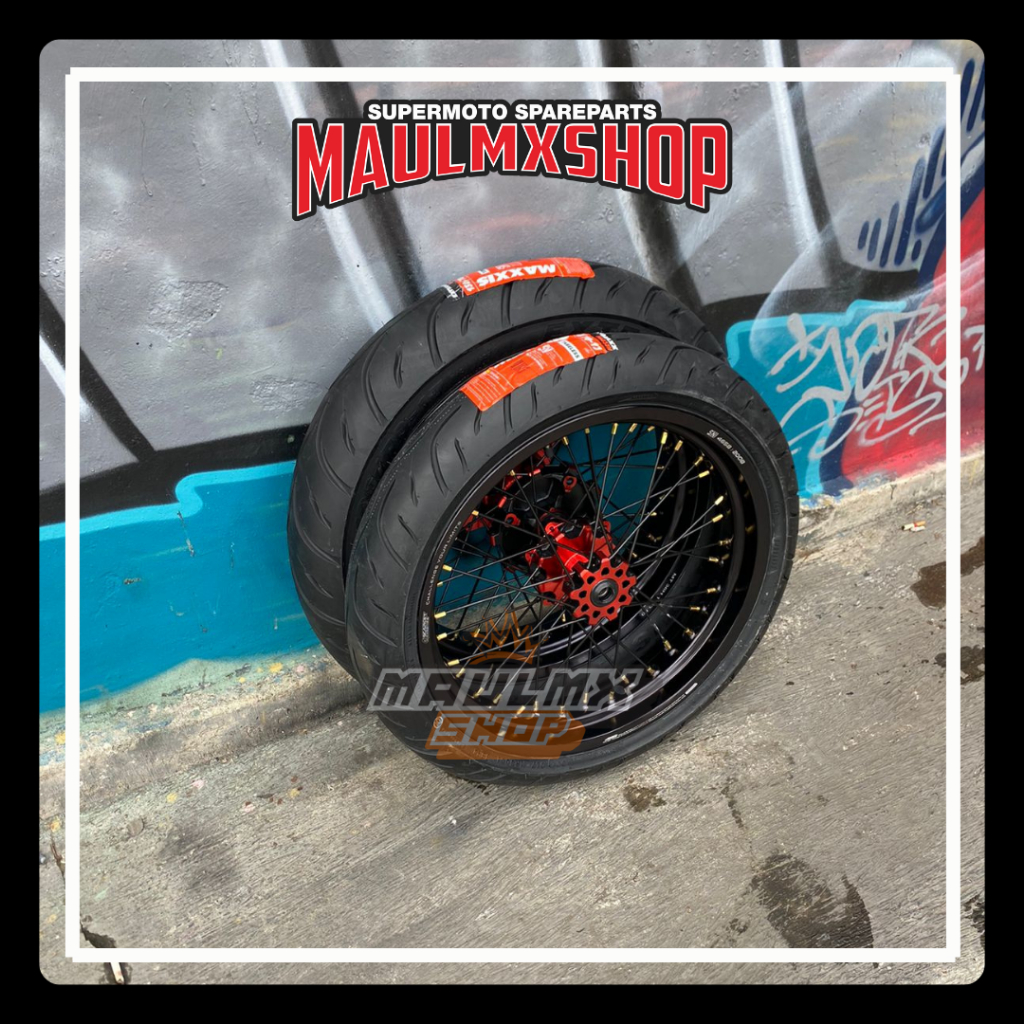 WHEELSET VELG SUPERMOTO CRF VELG SCARLET/EXPEDITION BAN MAXXIS