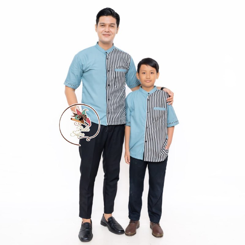 Baju Koko Couple Ayah Anak Laki Laki Lengan Pendek Motif Kombinasi Garis Terbaru 2025 Warna Denim