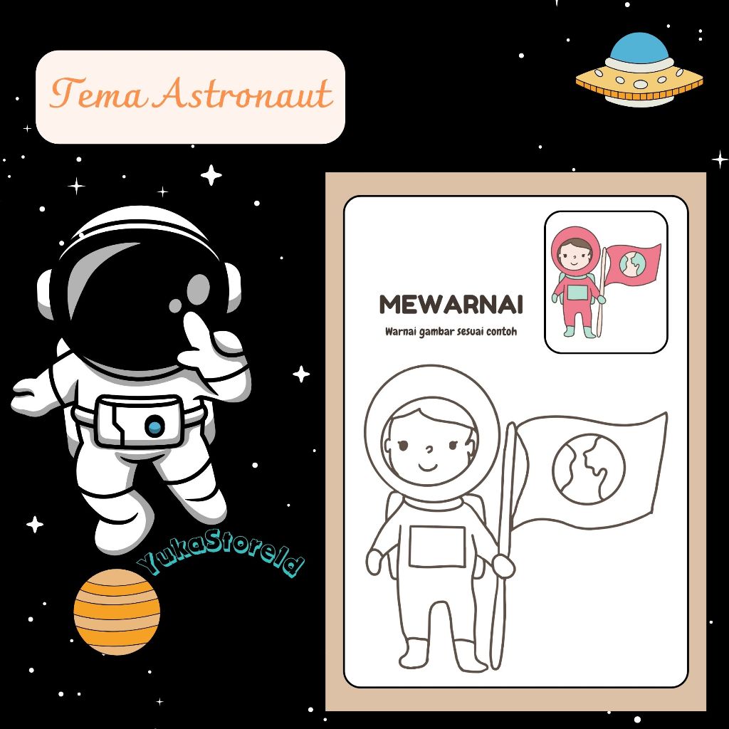 

[Ready] Tema Astronaut Kertas Mewarnai TK SD Sudah Ada Petunjuk Mewarnai