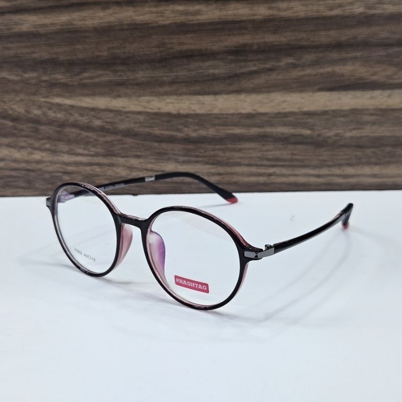 frame kacamata pria wanita bulat bahan plastik TR90 hashtag H569 C927 49 hitam merah original