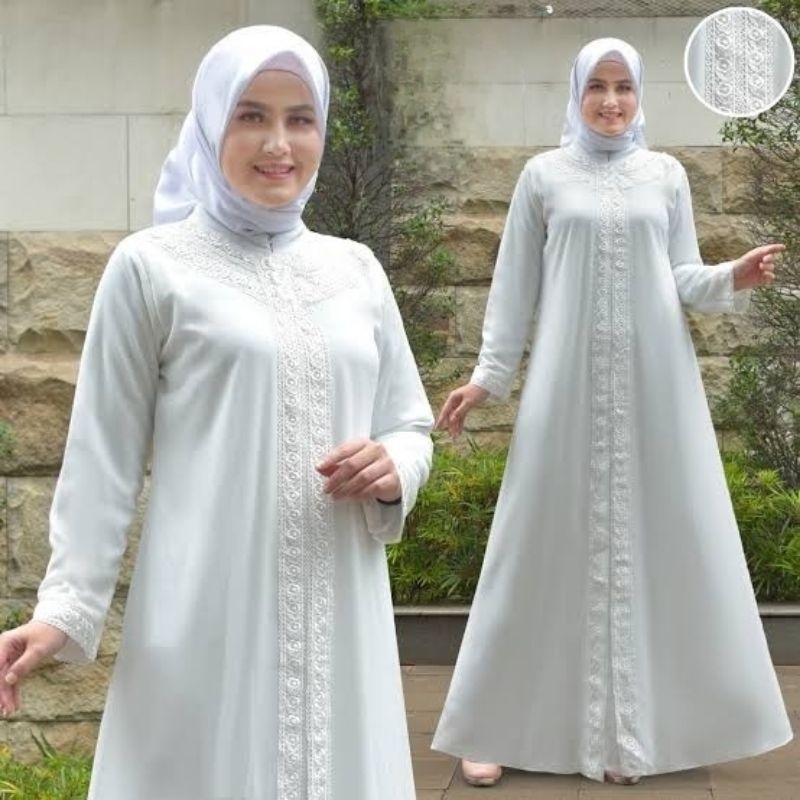 Baju Muslim putih Wanita / Busana Muslim Umroh Haji / Baju Gamis Putih tulang&hitam /Gamis Wanita Le