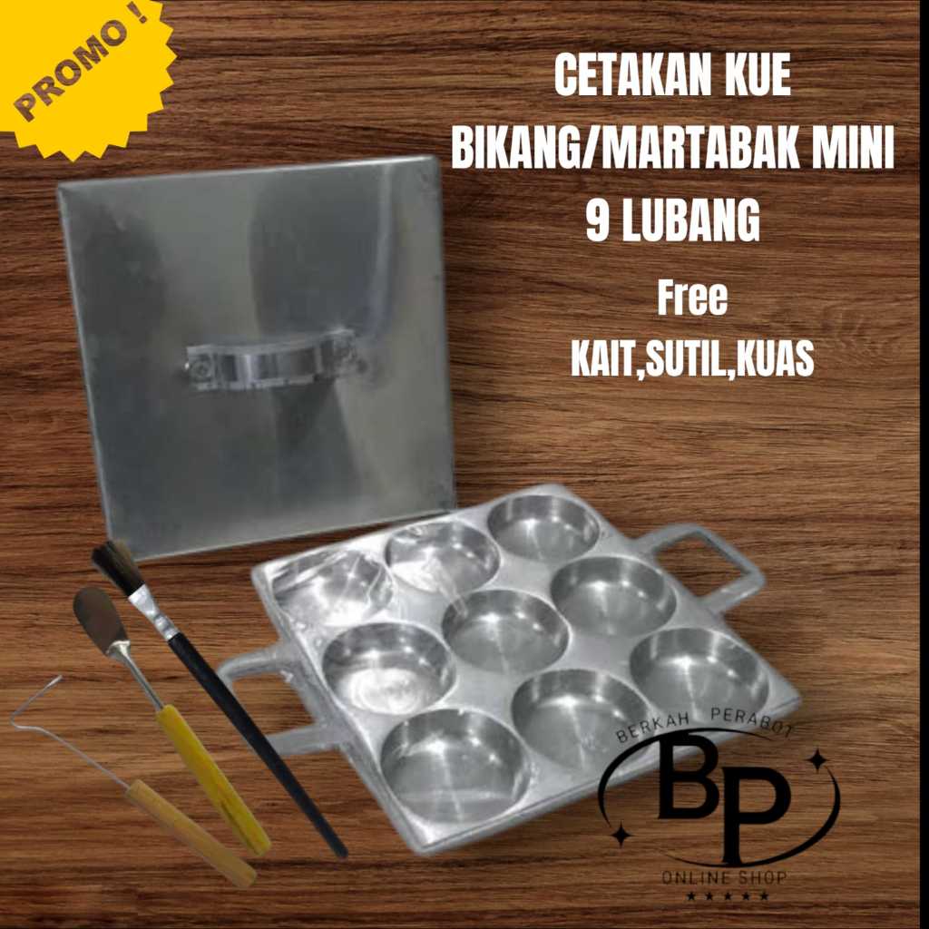 Cetakan Kue Bikang TEBAL/Martabak Mini /Kue Lumpur Kotak Isi 9 Lubang Bonus Sutil,kait dan kuas