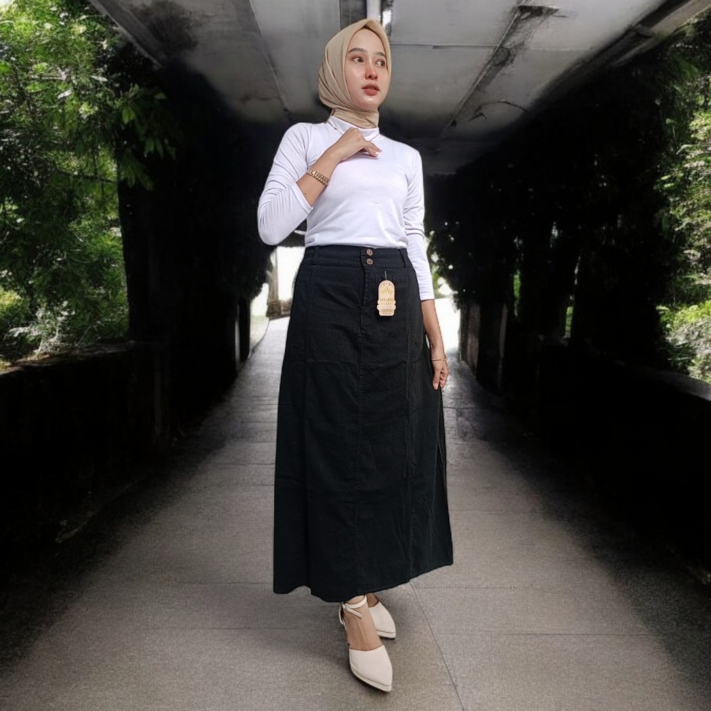 Rok A Line Jeans Mayung Rok Korea Wanita Panjang Model Payung Jumbo Hitam Pekat By.FERDOSH OUTFIT