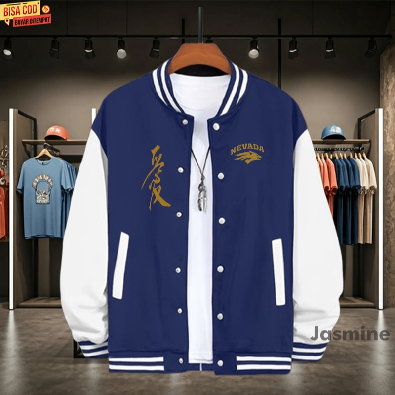 BISA COD Jaket Bomber Varsity Baseball Kancing Katakata Jepang | nevada Kirka Text gold Origin Premi