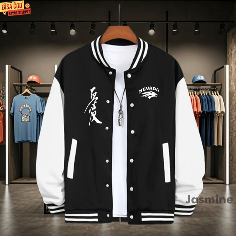 BISA COD Jaket Bomber Varsity Baseball Kancing Katakata Jepang | nevada Kirka Text Putih Origin Prem