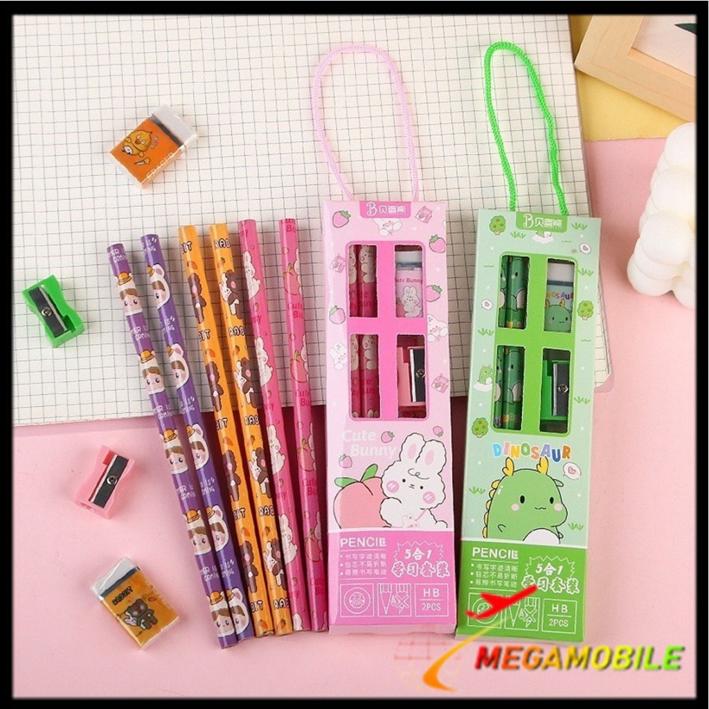 

paket alat tulis 5 in 1 set original impor buku & alat tulis 2 pensil penggaris penghapus dan rautan alat tulis lainnya