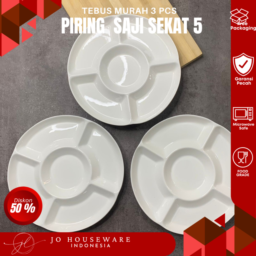 TEBUS MURAH Piring saji sekat 5 keramik premium putih polos diameter 25cm piring sekat unik htelware