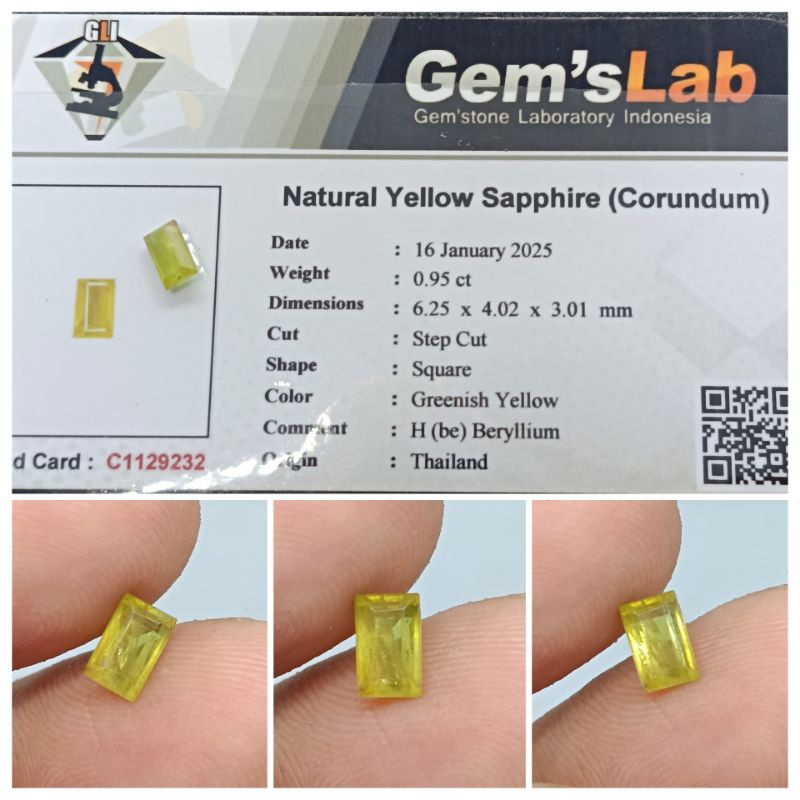 Natural Yellow Sapphire Thailand 0,98ct Top Kristal HQ memo GLI Safir Bagus