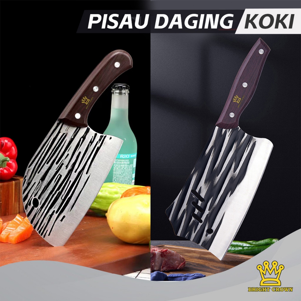 Promo Terbaru Bright Crown Set Pisau Koki Dapur Super Tajam Stainless Gagang Kayu / Golok Cacah