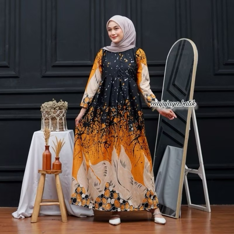 MS GAMIS BATIK SRIWEDARI MAXI BUMIL/BUSUI KATUN ALL SIZE & JUMBO GODONG LOMPONG KUNING