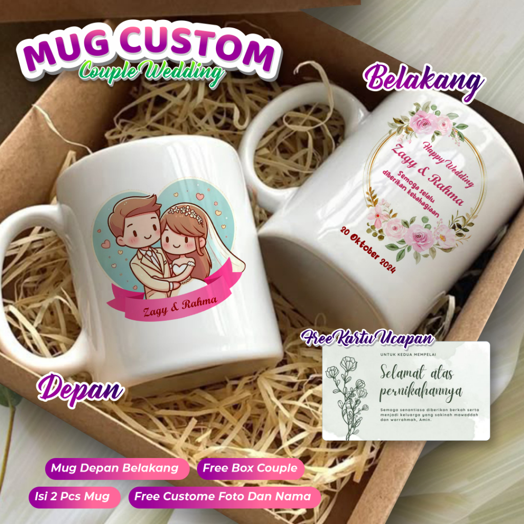 Paket Hampers Mug Gelas Custom Couple 2pcs- Kado Pernikahan Wedding Gift Untuk Sahabat Teman