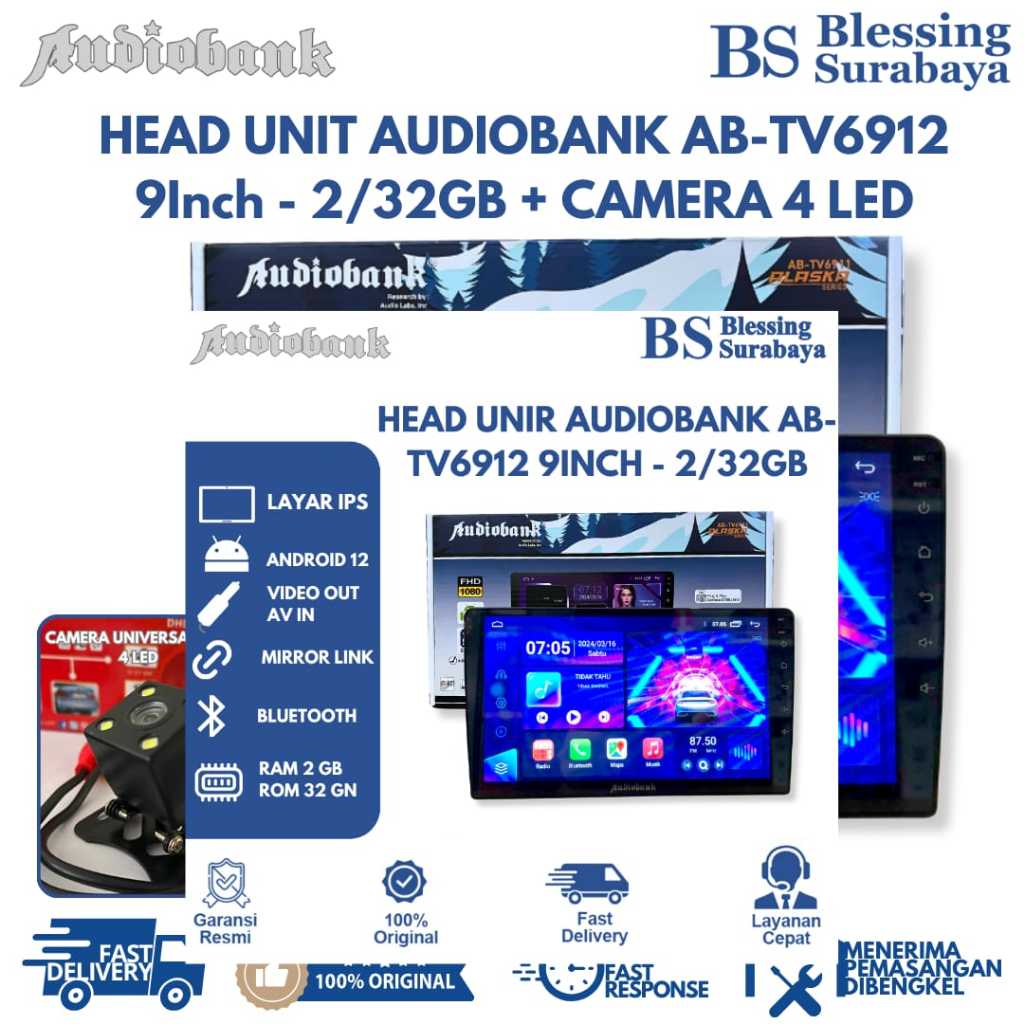 Headunit Android 9 Inch Audiobank AB-TV6912 Ram 2/32GB + Camera Mobil Universal HD 4 Led