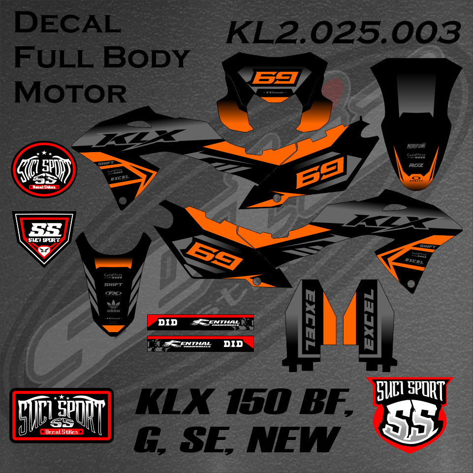 DECAL KLX BF / STICKER KLX HITAM ORANGE KLX 150 BF G SE NEW, DESAIN FREE CUSTOM (KL2.025.003)