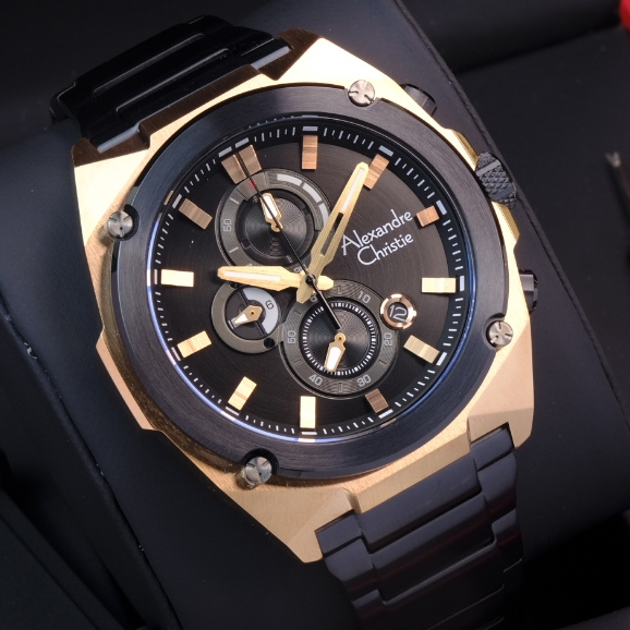 Alexandre Christie Pria Terbaru Original Warna Black Rose Gold - AC6655 Free Rubber Strap