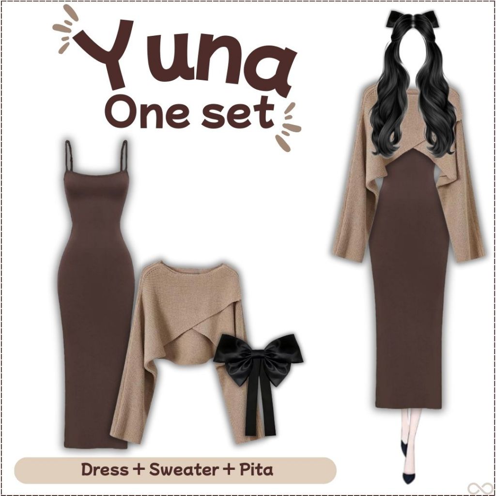 Yuna One set (Cardigan bronze dan dress coklat) Korean style - FS8