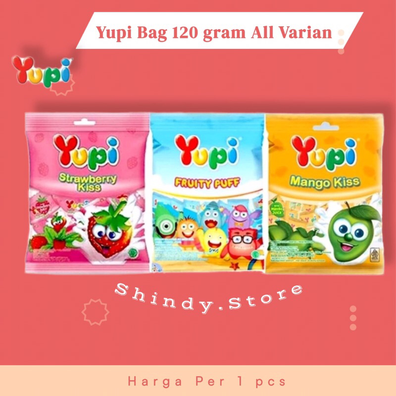 

Yupi Strawberry Kiss Bag 120gram, Fruity Puff 120gr, Mango Kiss Bag 130 Gram