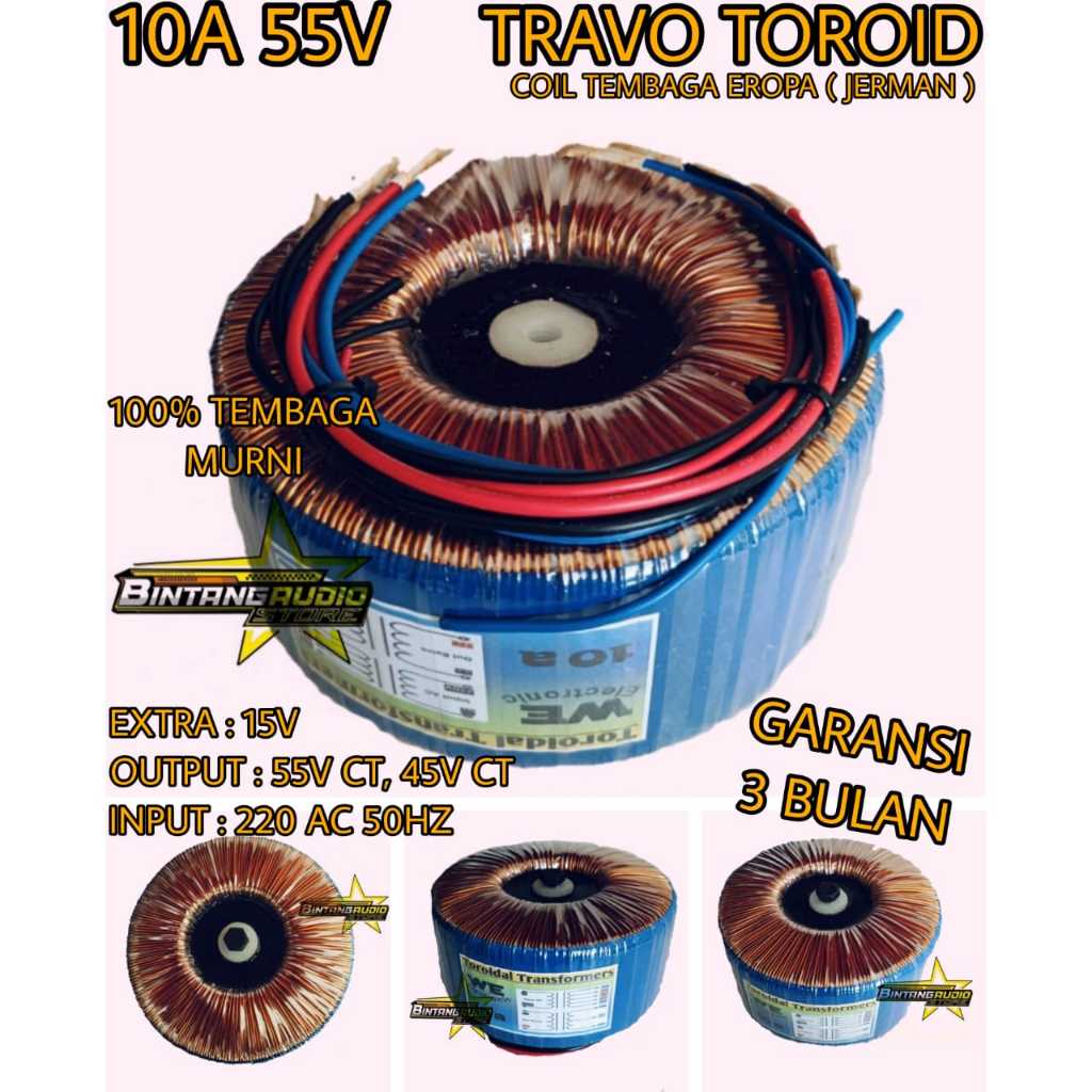 Trafo TOROID / Travo Donat / Trafo Balap 10A Besar CT 55V 45V Tembaga Murni HELENIC Jerman