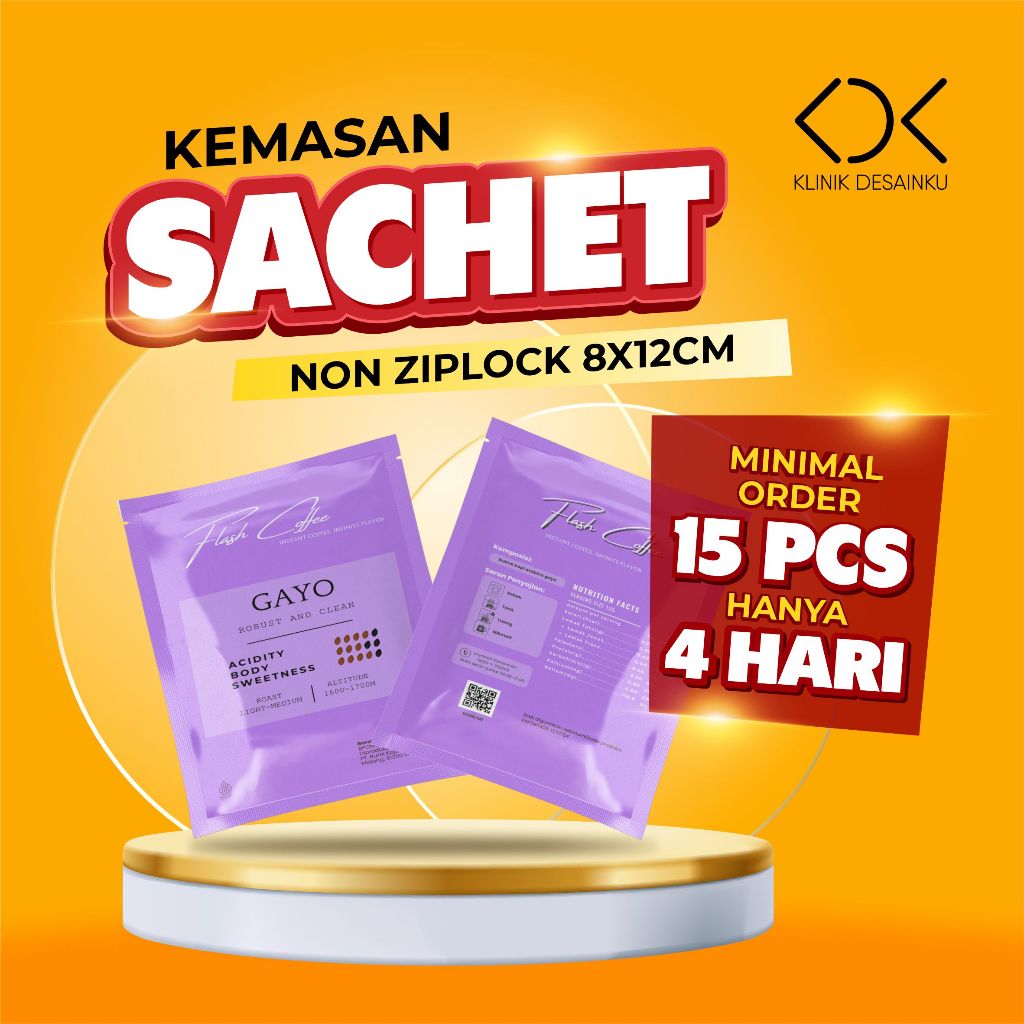Cetak Kemasan Sachet Non Ziplock 8x12cm | Custom Desain | 15pcs | Selesai 4 Hari