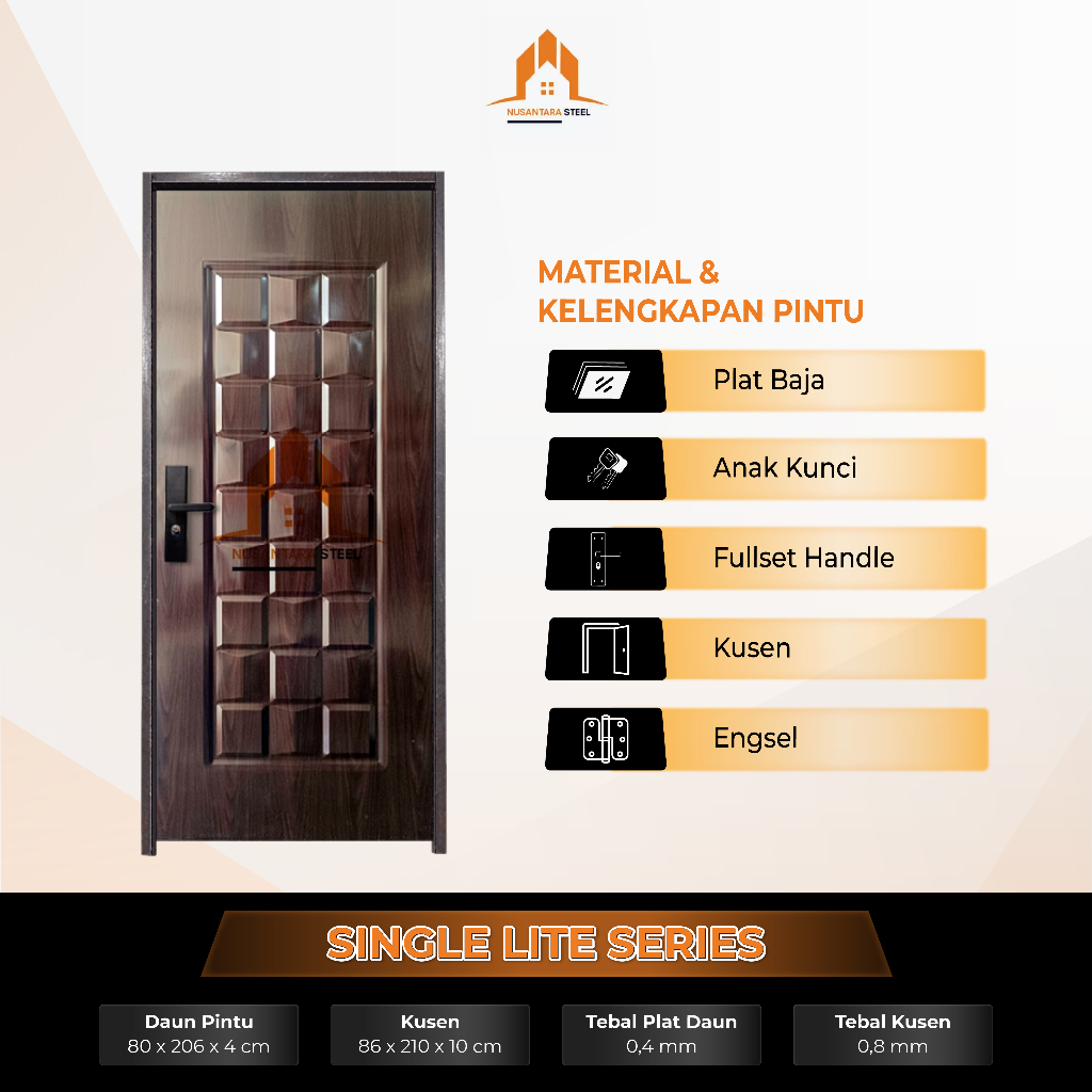 Tbns - (Lite Series) Set Pintu Utama / Pintu Kamar Tidur Baja Lengkap Dengan Kusen Baja + Handle