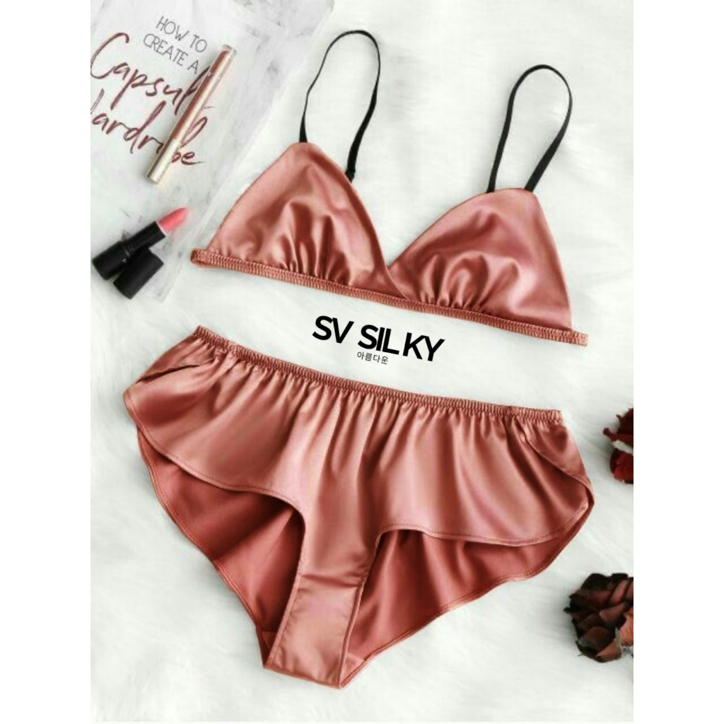 Set Bra dan Celana Dalam Wanita Bahan SV Silk Satin Korea Premium – Bra Tanpa Kawat dengan Cup, Desa