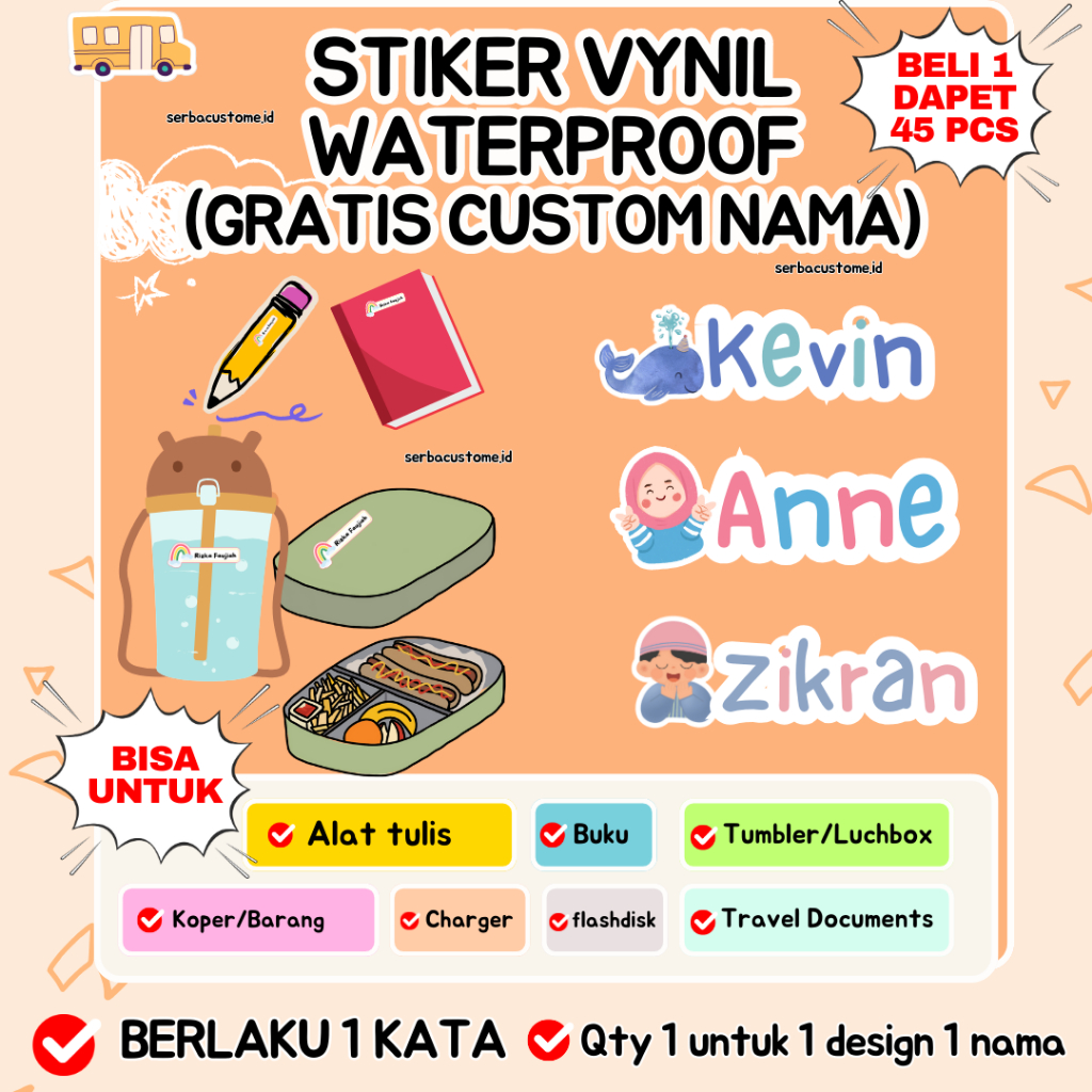 

ISI 45 PCS CUSTOM STIKER LABEL NAMA UNTUK DI BARANG / STIKER vinyl / Waterproof / Laminasi / DIECUTT