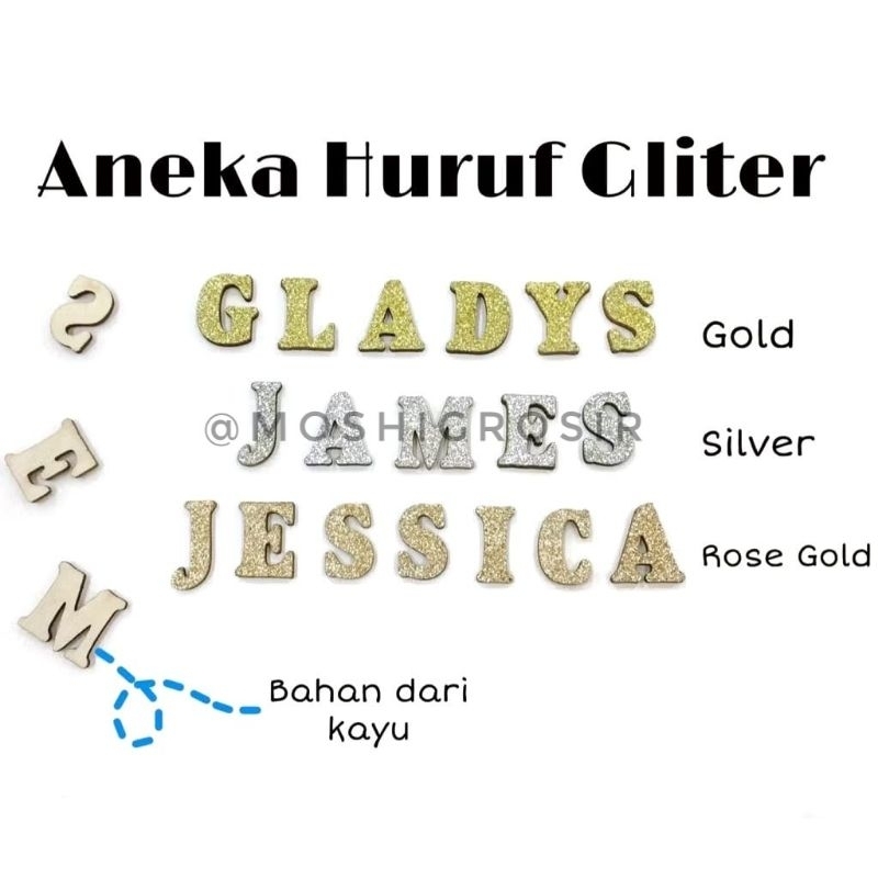 HURUF KAYU GLITER /ALPHABET/ABJAD TESEDIA 26 HURUF (A-Z) ☆Bisa Pilih Huruf