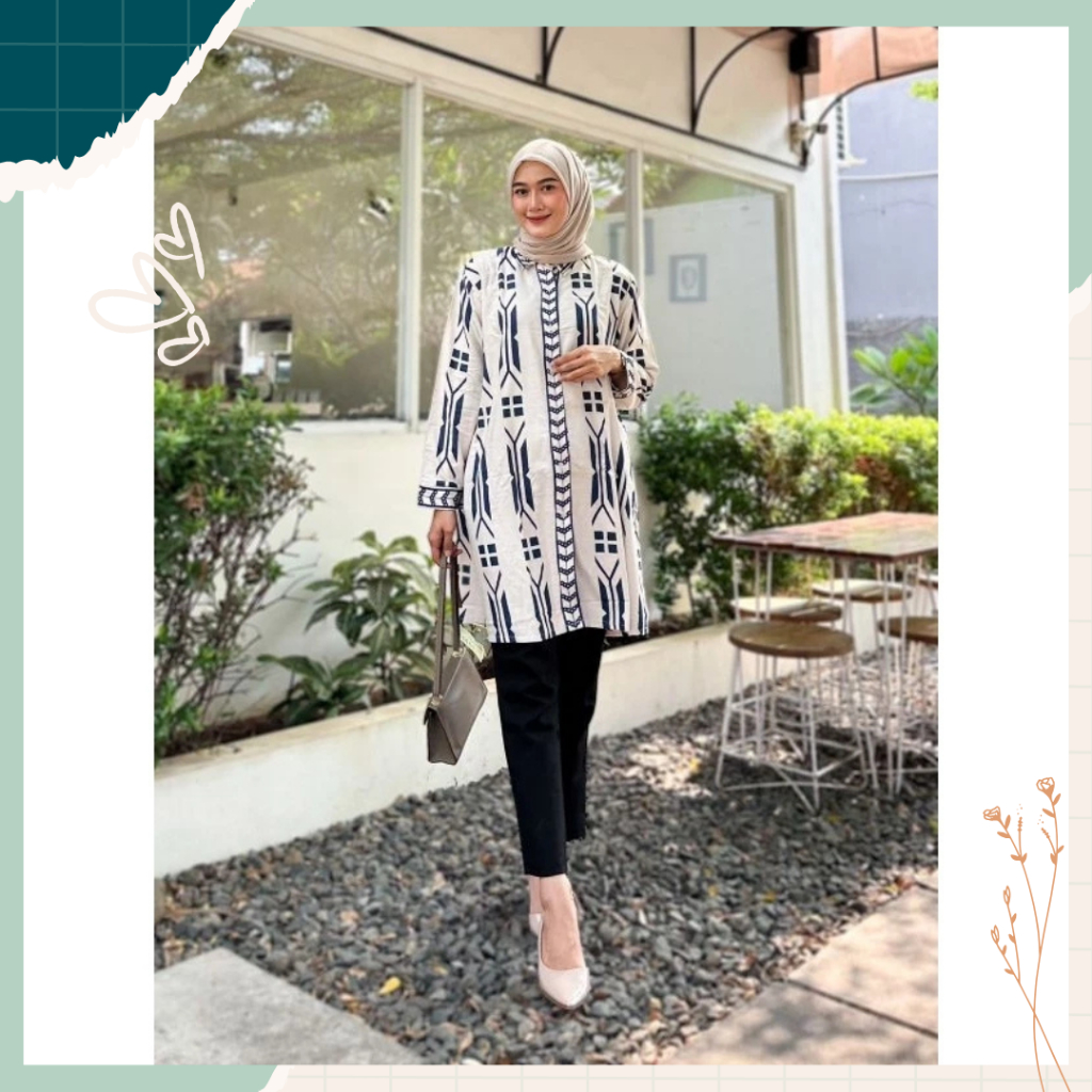 Baju Blouse Atasan Tunik Tunic Motif Salur Garis Garis Lengan Panjang Fashion Muslim Wanita Daily Ju