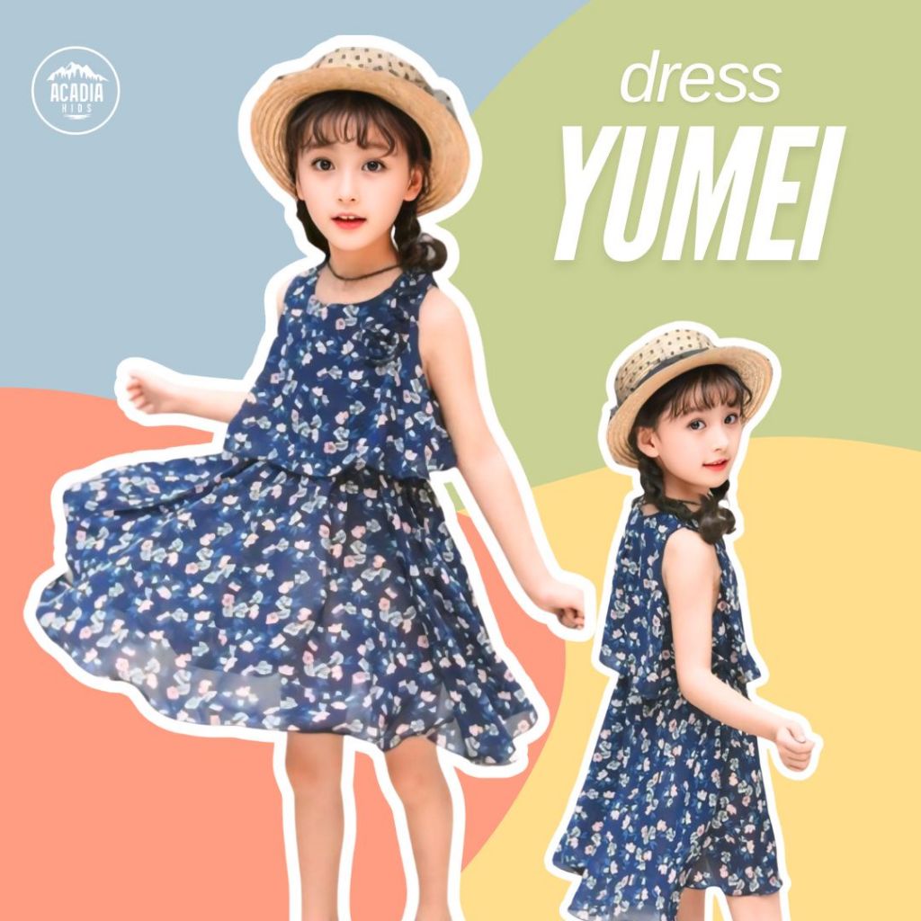ACADIA KIDS - Dress Anak Perempuan YUMEI Gaun Gaya Korea Tanpa Lengan Motif Bunga Dengan Topi Cantik