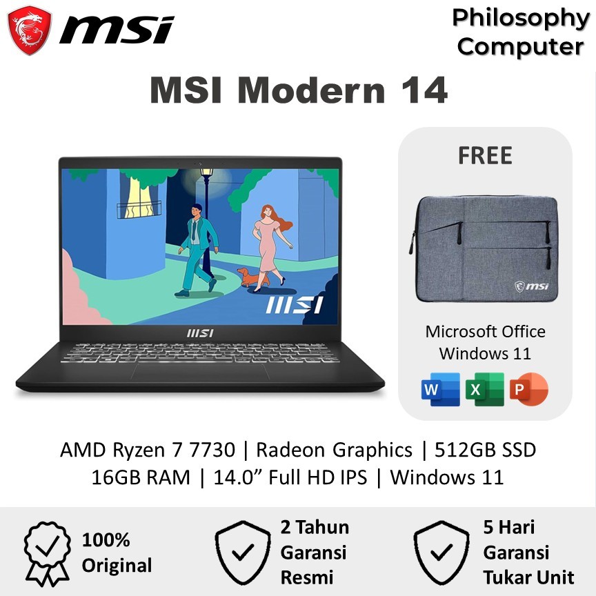 Laptop MSI Modern 14 C7M AMD Ryzen 7 7730 16GB 512GB 14.0 Full HD IPS BLIT Windows 11 OHS