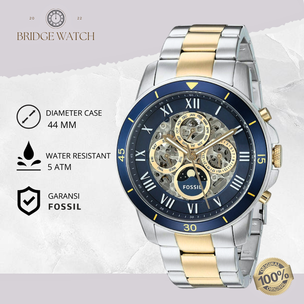 Jam Tangan Pria Fossil ME3141 Grant Automatic Silver Gold Stainless Steel Strap Blue Dial Chronograp