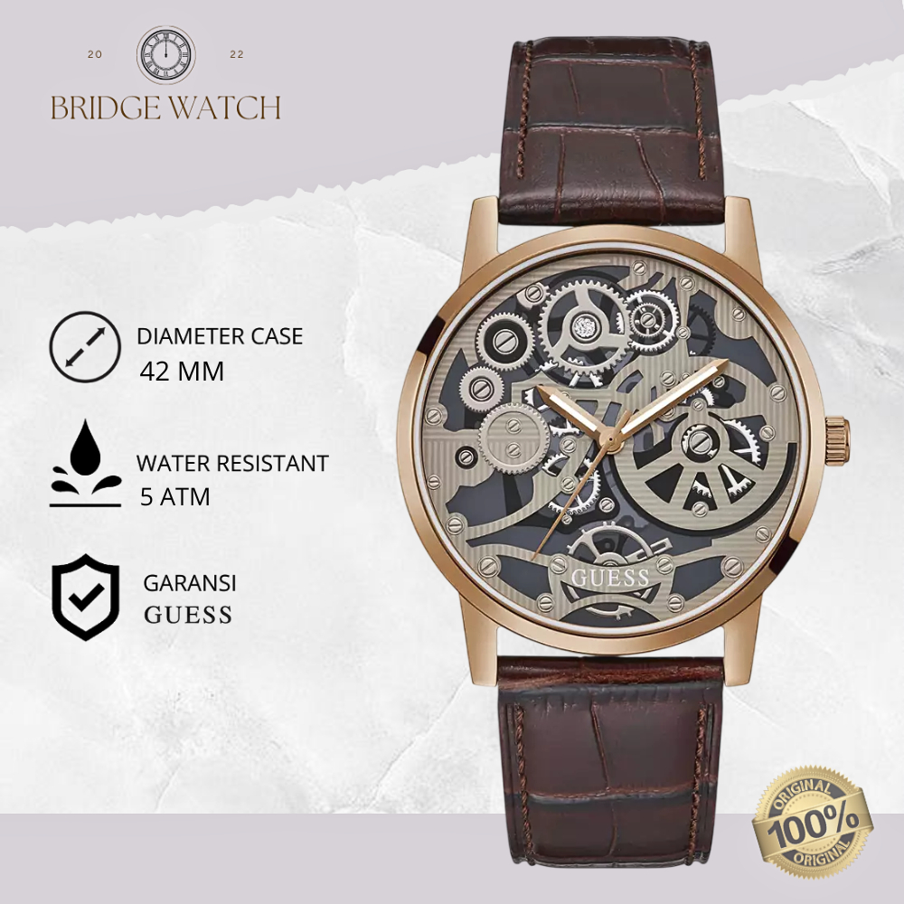 Jam Tangan Pria Guess GW0570G2 Gents Skeleton Rose Gold Chronograph Brown Leather Strap Kulit Mewah 