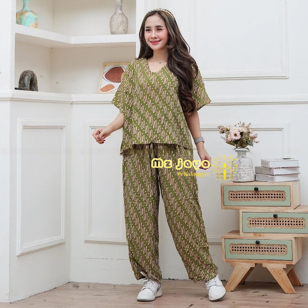 Setelan Batik Wanita Lengan  Pendek One Set Rayon Adem Baju Tidur Celana Panjang Busui ETELAN CELANA
