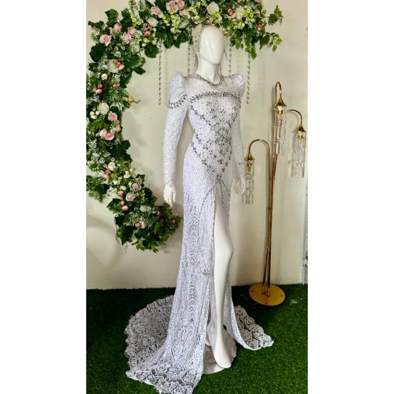 kebaya belah putih ekor pengantin