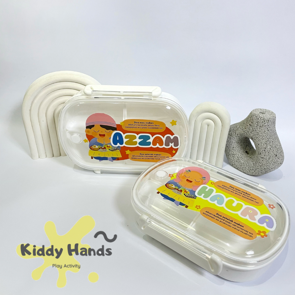 KOTAK BEKAL PUTIH Costum Desain Nama [KIDDYHANDS] Tempat Makan Lunch Box Misting Anak Minimalis Satu